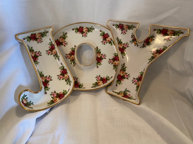 three Royal Albert china serving dishes, “Old Country Roses” pattern, spelling the word Joy