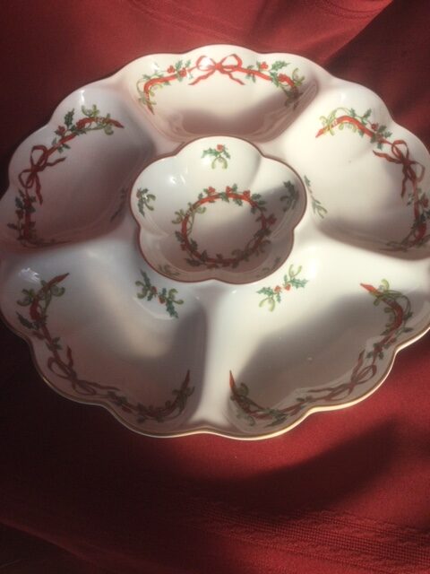Royal Worcester Holly Ribbons china dish with six scalloped depressions to hold food